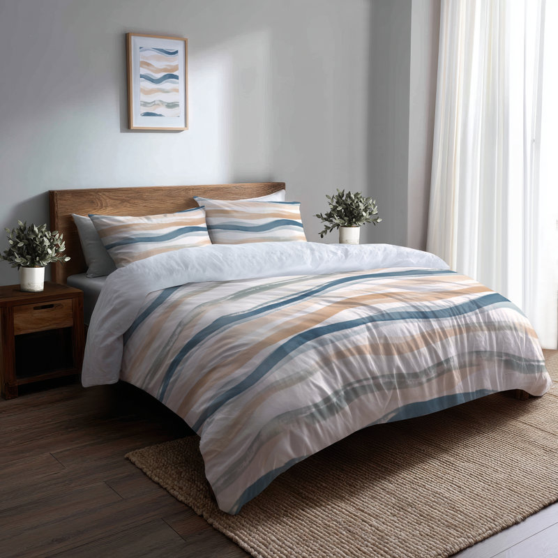 Abstract Bedding Set Of 3 Pcs - Blue Drift Shore Duvet Cover And Throw Pillow Set, King Duvet Cover + 2 King Shams
