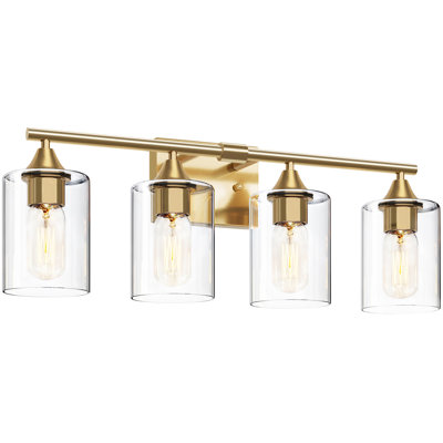 4-Light Brushed Gold Modern Farmhouse Vanity Wall Light, Metal Sconce with Clear Cylinder Glass Shade for Home & Hotel Bathroom(No light bulb)