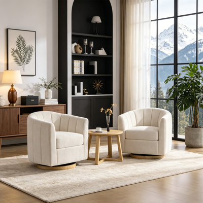 Fauteuil demi-tonneau pivotant en chenille de 31,1 po de largeur avec chenille 31,1 po avec base en bois massif (ensemble de 2)