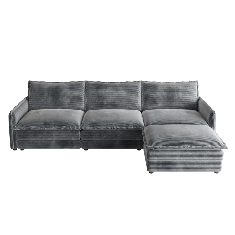109" Sofa With Ottomans, Gray Corduroy