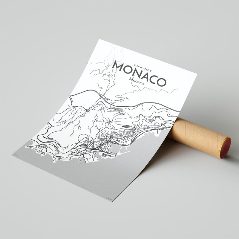 Monaco City Map, impression, H 17 po x l 11 po, Gris / blanc
