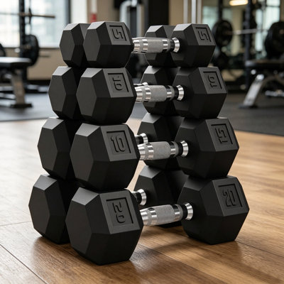 5-20 LB Hex Dumbbell Set of 6, Hand Weights Dumbbells Pair with Cast Iron Core, Rubber Encased Coating and Textured Carbon Steel Handle for Home Gym Strength Training