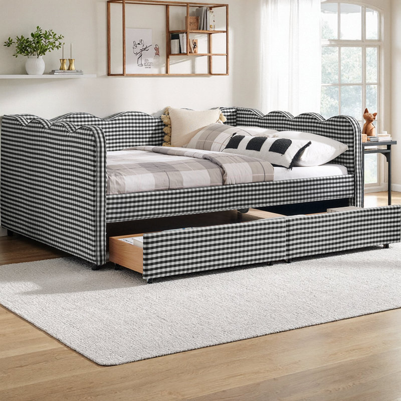 Lit de jour en vichy double avec deux tiroirs de rangement, canapé-lit en tissu de lin avec port USB et conception adorable en forme de vague, pour la chambre à coucher ou le salon
