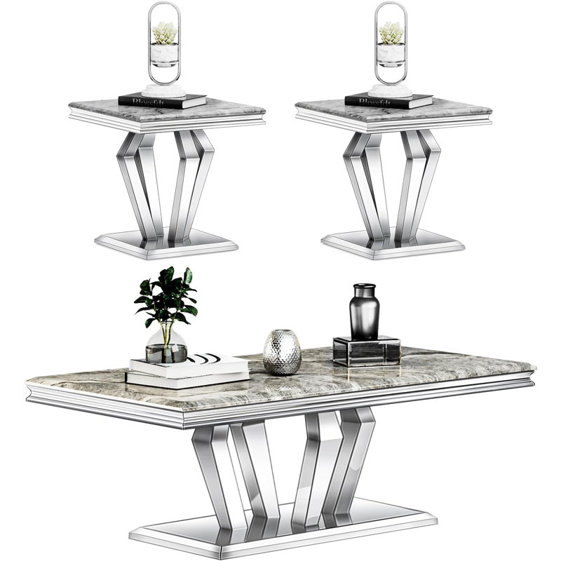 Ensemble de table de salon 3 pièces, Argent argent, Gris
