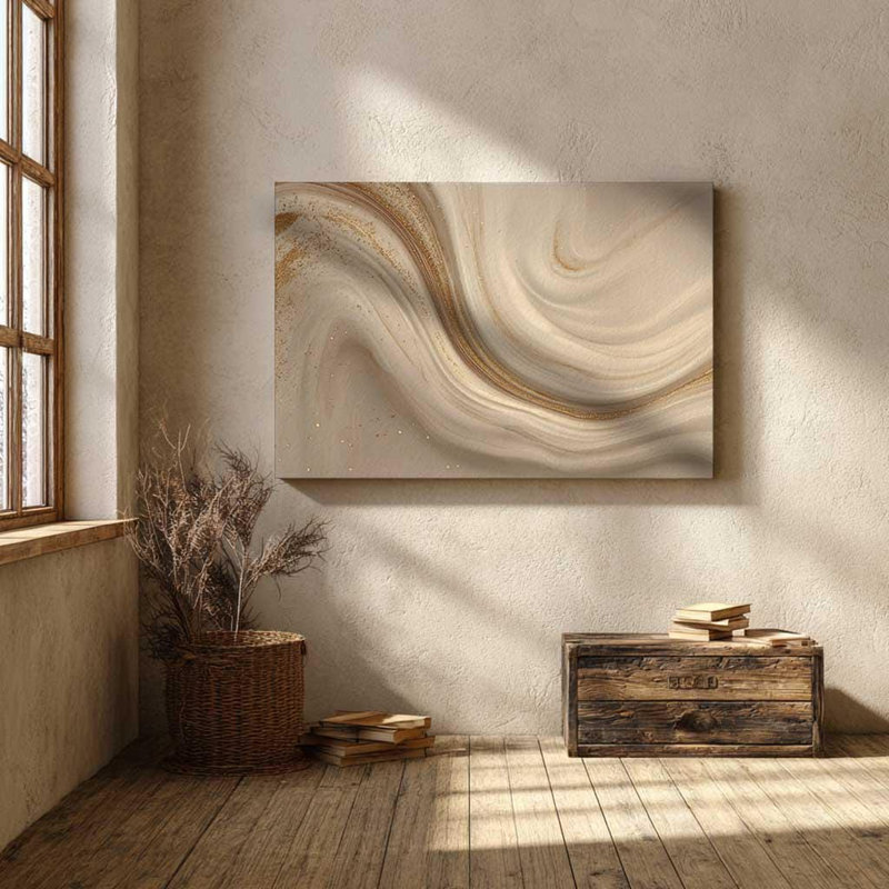 Toile en marbre beige doré, art mural crème abstrait - impression de texture fluide de luxe, décor neutre glamour pour salon moderne