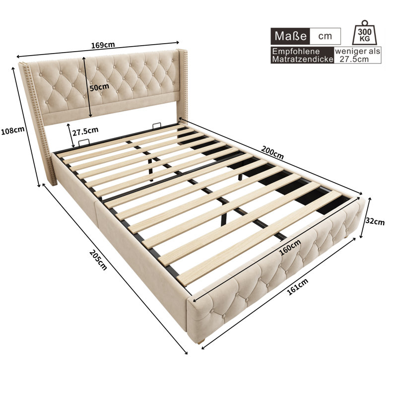 Doiron Upholstered Bed, European Kingsize (160 x 200cm), Beige