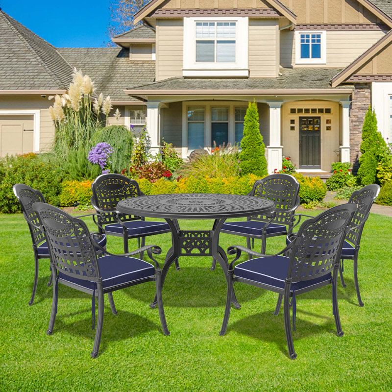 7-Piece Set Of Cast Aluminum Patio Furniture With Black Frame And Blue Seat Cushions(Same As:W1710S00487), 6