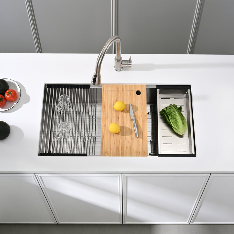Évier de cuisine en acier inoxydable encastrable 36 po x l 19 po avec accessoires, Nickel brossé