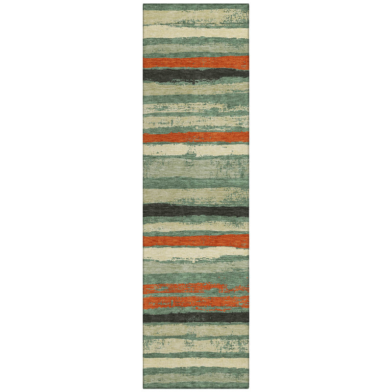 Sage and White Striped Synthetic Washable Runner Rug 2'3" x 7'6"