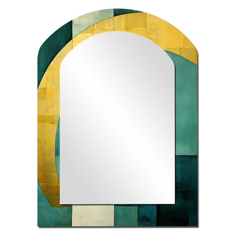 Emerald And Golden Arches I - Abstract Shapes Asymmetrical Unique Wall Mirror, Modern Arch Mirror, Printed Metal Art