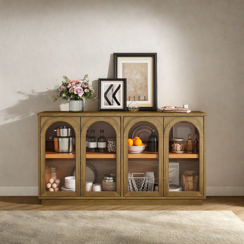 Grande armoire de rangement à 4 portes avec portes en verre, armoire arquée avec tablettes réglables pour la cuisine, la salle à manger et le salon
