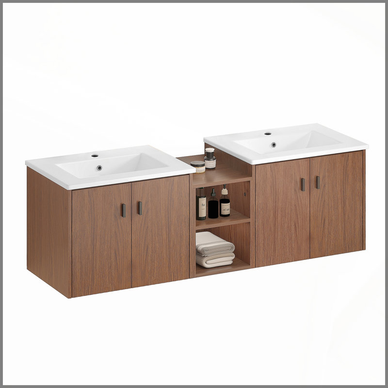 Meuble-lavabo à fermeture en douceur de 60 po de couleur brun rougeâtre, petites tablettes de rangement, armoire combinée de 24 po et de 12 po (emballage KD)