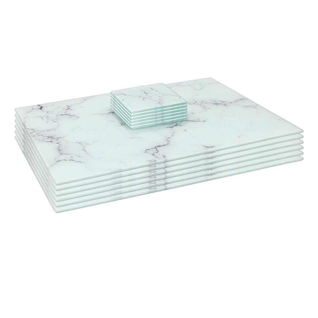 B&Q -  12Pc Glass Placemats & Square Coasters Set40 X 30Cm Marble Dining Table Protection Place Mats & Coasters - Image 4