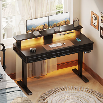 Yaelin Home Office Height Adjustable Standing Desk with 3 Woodend Drawers, Power Outlets and LED Lights