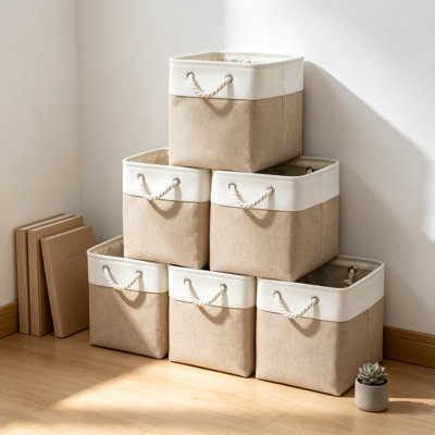 Ensemble de 6 bacs de rangement 13 x 13 pouces, très grands cubes de rangement pliables en tissu avec poignées robustes, paniers de rangement pliables pour tablettes, placard, salon (blanc et beige)