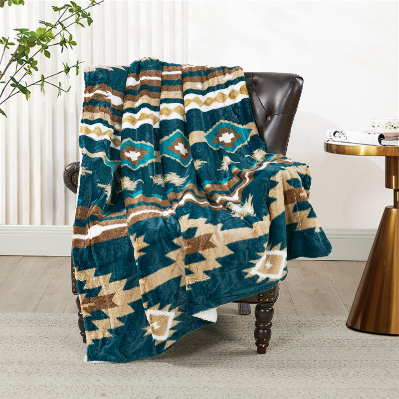 Jeté en microfibre Rustic Aztec, L 80 po x l 60 po, Bleu sarcelle foncé