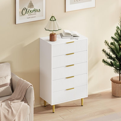 Commode cannelée en bois à 3 tiroirs avec poignées et pieds en métal - Commode noire moderne pour chambre à coucher, salon, couloir