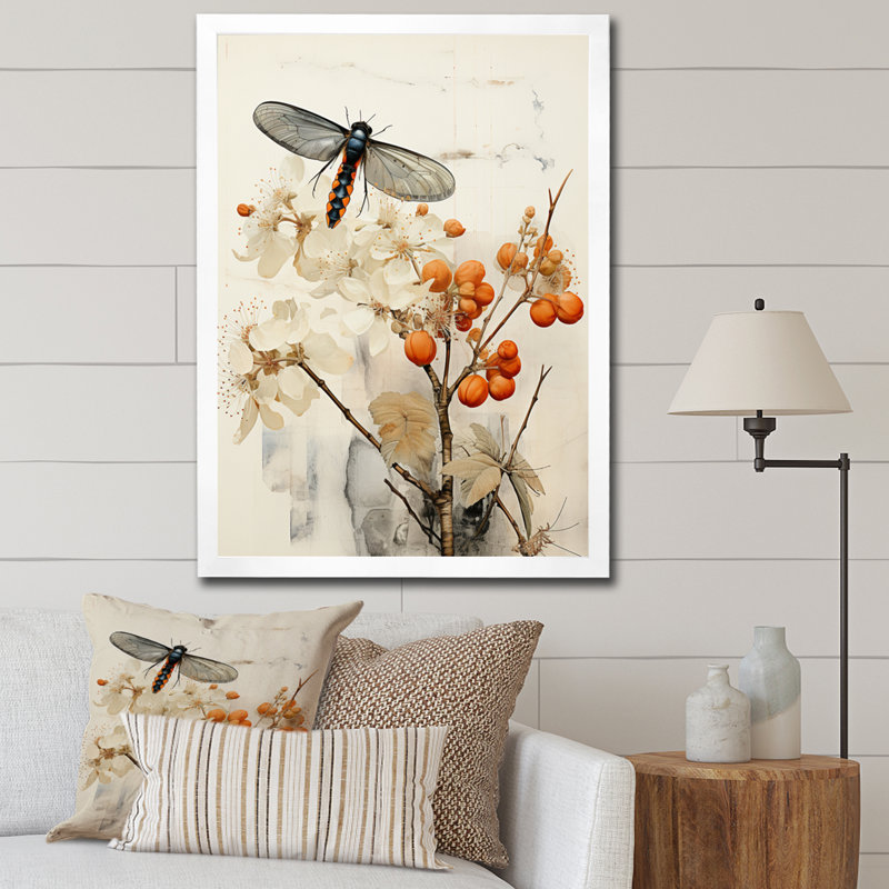 Marfak Asian Art Insectes, corail sur toile, H 40 po x l 30 po x P 1,5 po, Cadre photo blanc