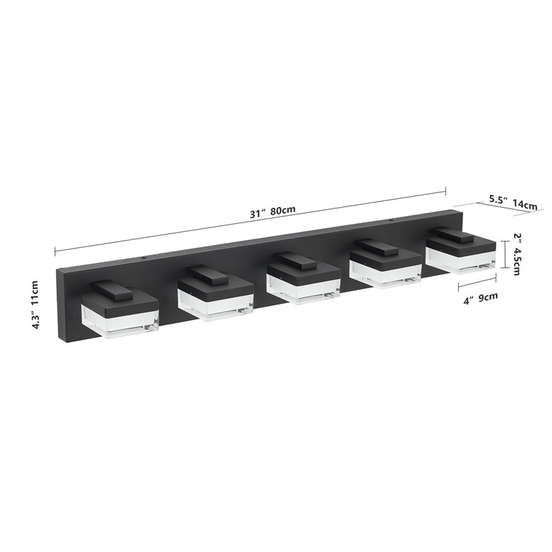 Éclairage pour meuble-lavabo sur miroir de salle de bain, H 4,31 po x l 31,51 po x P 5,51 po, Noir mat, 5 lumières