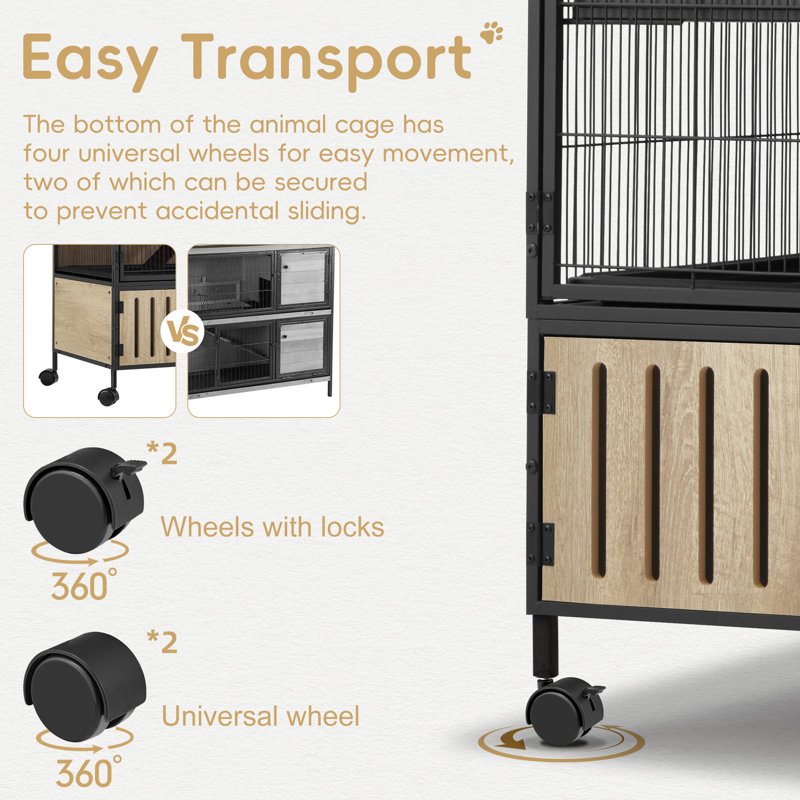 Cage de luxe 60 po à deux étages pour petits animaux avec roulettes et compartiment de rangement, GREYWALNUT, 60''