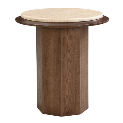 Round End Table, Travertine Top & Walnut