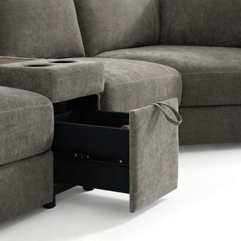 Canapé modulaire en chenille modulaire en U de 118 po à 6 places avec méridienne, repose-pieds et console de chargement Everett