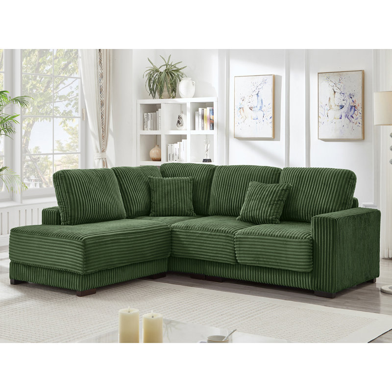 93'' Reversible Modern Upholstered L-Shape Sectional Sofa, Green Corduroy