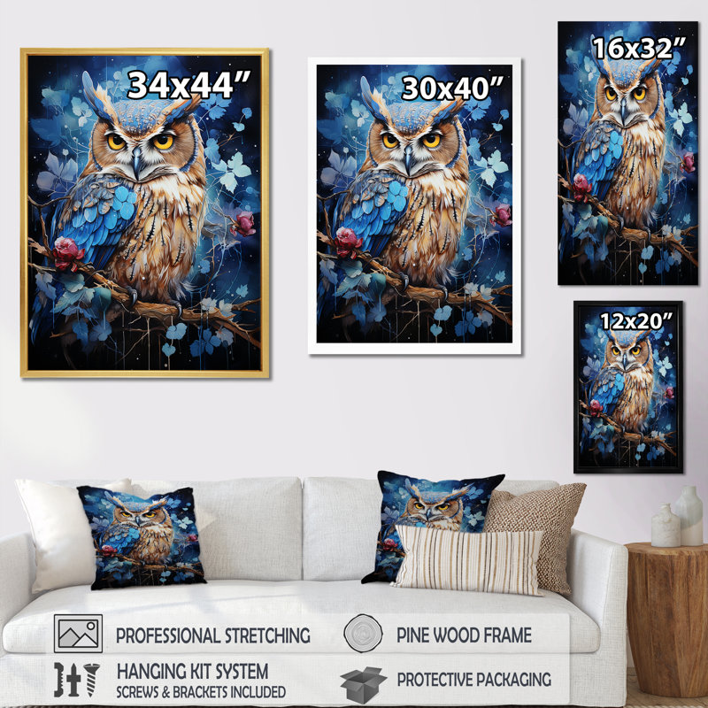 Chouettes bleues au clair de lune I, H 32 po x l 16 po x P 1 po, Cadre flottant doré
