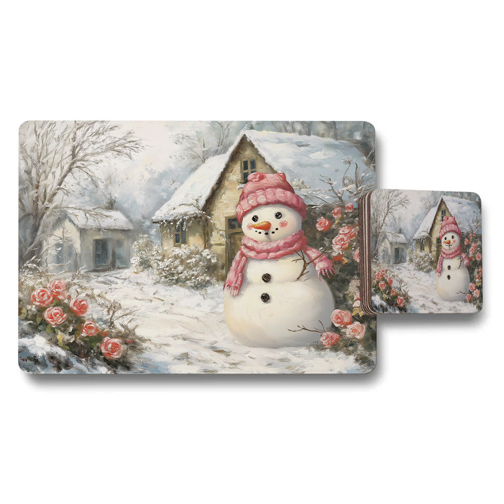 Winter Snowman Placemats And Coaster Set With Cozy Snowy Scene