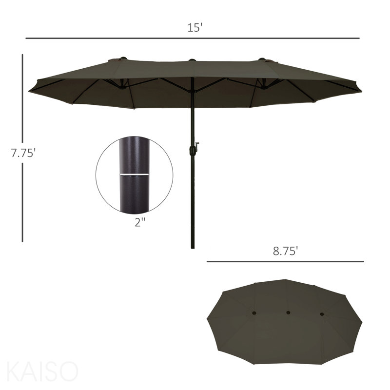 Très grand parasol de patio à double face de 15 pi avec poignée à manivelle et bouches d'aération pour la cour, la terrasse, la piscine, le marché, gris