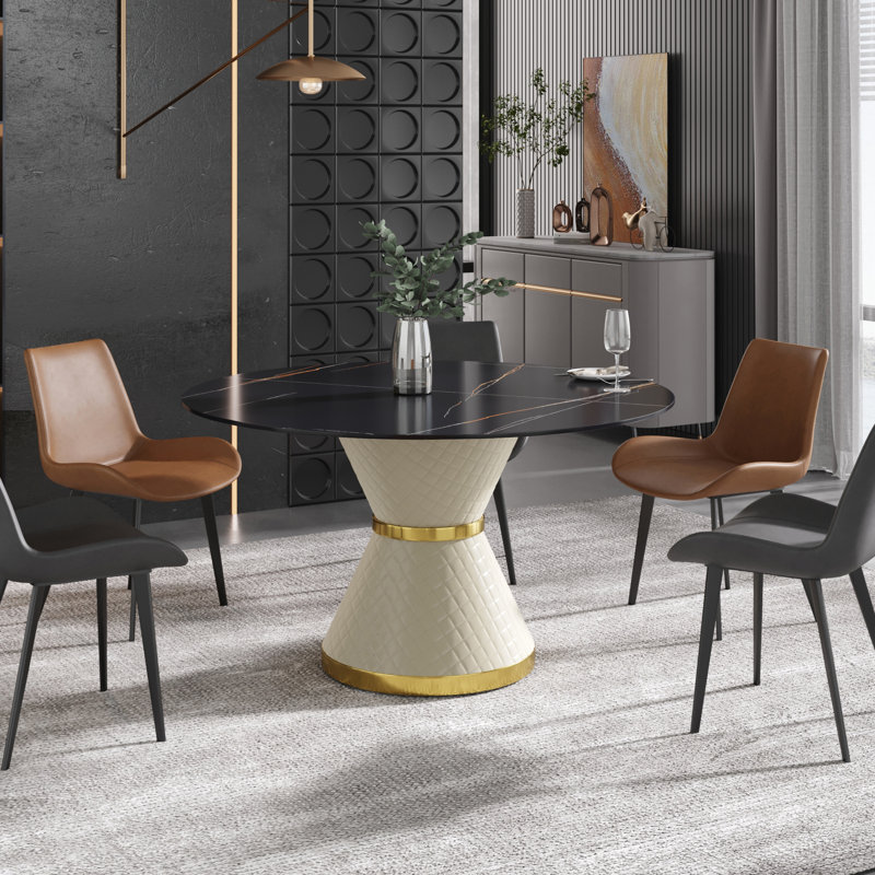 Modern Round White Pedestal Dining Table, 29.53" H x 53" L x 53" W, Black