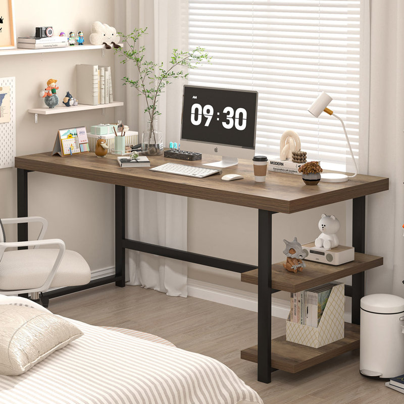 Bureau d'écriture à base en métal avec rangement Hulstein, Chêne, H 29,53 po x l 60 po x P 23,62 po