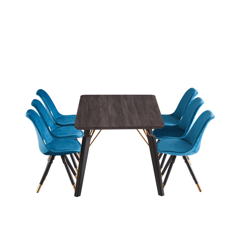 Guillermina 6 Person Dining set - a Rectangular Wooden Dining Table with Metal Legs and a Set of 6 Quilted Velvet Dining Chairs for Dining Room - Modern Dining Table Set