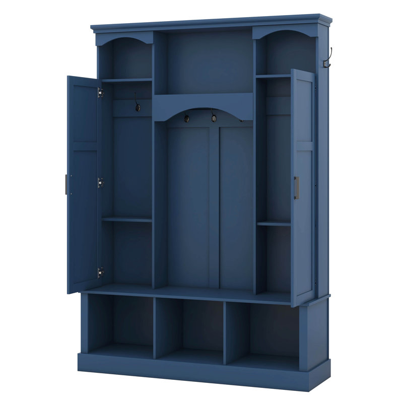Modern Farmhouse Hall Tree With Adjustable Shelves & 7 Hooks, Entryway Organizer, Shoe Cabinet & Storage Bench, Blue