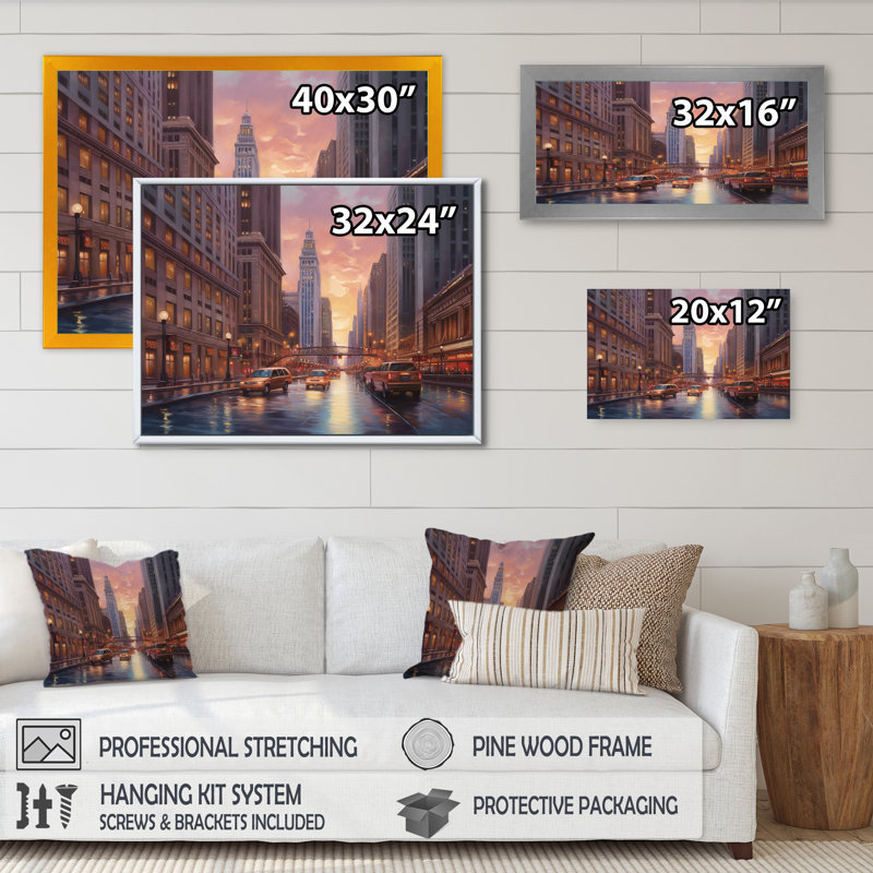 Chicago City Scene V, reproduction d'art sur toile, H 24 po x l 32 po x P 1 po, Toile tendue