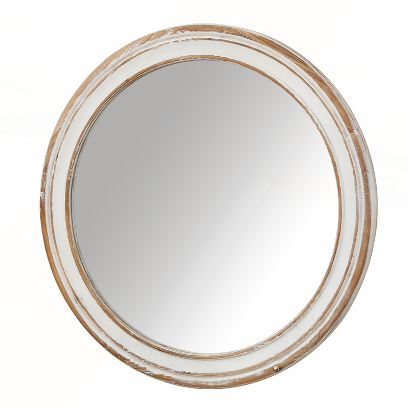 27.5 Inches Round Wall Mirror with Distressed Wooden Frame for Bathroom, Bedroom, and Living Room Decor, 27.56" x 27.56"