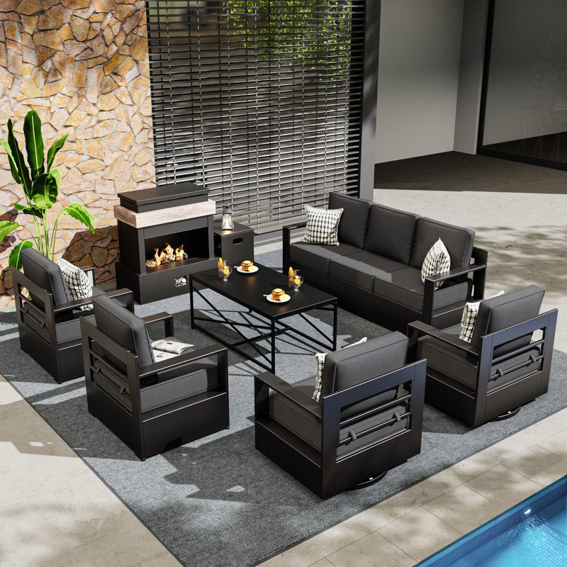 Abdullah 7-Piece Modern Aluminum Outdoor Patio Furniture Set with 50000 BTU Fireplace,4 Chairs,Coffee Table & 6 Inch Grey Cushions