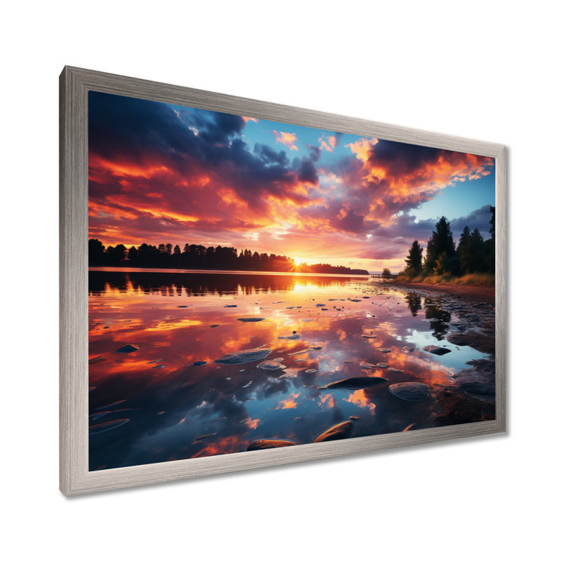 «Horizon Sunset by the Lake I», art mural sur toile, Cadre de coin argenté fermé, H 30 po x l 40 po x P 1,5 po