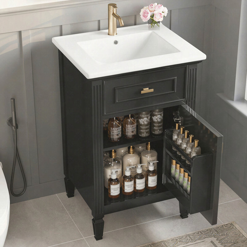 Meuble-lavabo vert de 20 po avec lavabo, pieds en bois massif, tablette réglable, tiroir inclinable, boutons en alliage de zinc, armoire autoportante moderne pour petite salle de bain