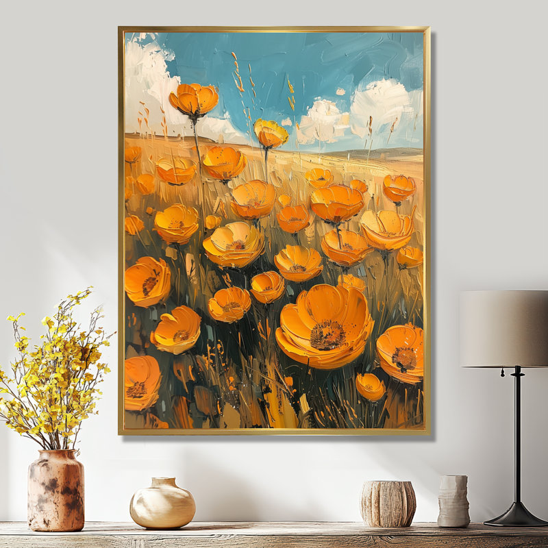 Orange bleu, bouton d'or Meadow Bliss - Buttercups, art mural, Toile avec cadre flottant or, H 20 po x l 12 po x P 1 po