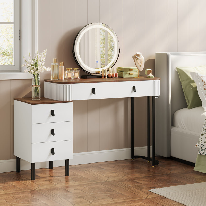 Dressing Table with Mirror, Black/White/Brown