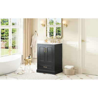 Meuble-lavabo de 61 cm (24 pouces) avec lavabo en céramique facile d'entretien, tiroir standard, deux portes à fermeture douce, pieds en bois massif et poignées en alliage de zinc pour un usage quotidien. Cadre moderne, rangement à double porte divisé.