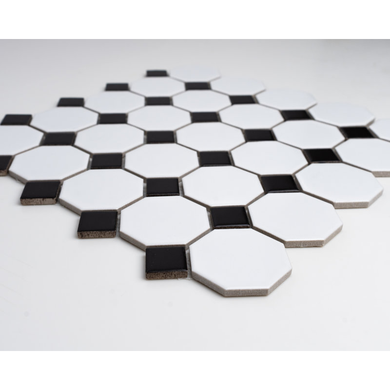12X12” Octagon Matte Porcelain Mosaic Tile - (Box Of 10 Sheets), White/Black
