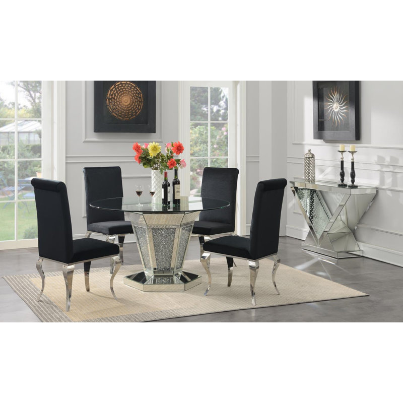 Table de salle à manger Glamour et 4 chaises en velours noir, Black