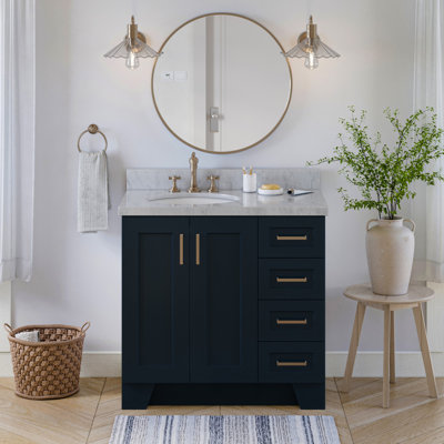 Freitas 37'' Solid Wood Single Bathroom Vanity in Midnight Blue with 1.5'' Carrara Marble Top, Left Offset, Oval Sink