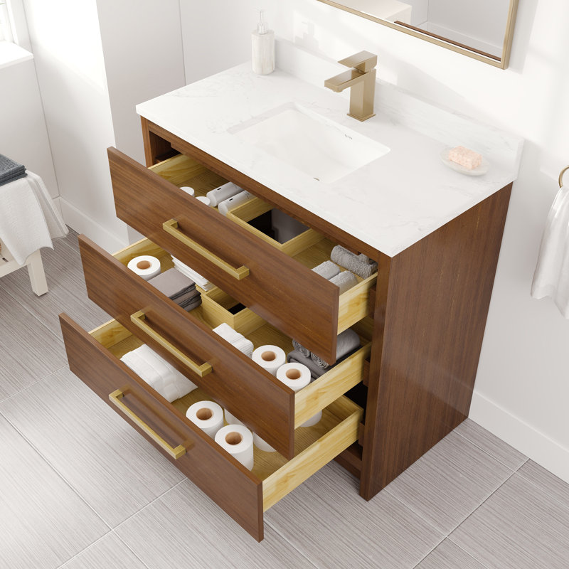 Meuble-lavabo l 36 po x P 18 po Ilsa avec comptoir en quartz de Carrare blanc et lavabo en porcelaine encastré, Noyer