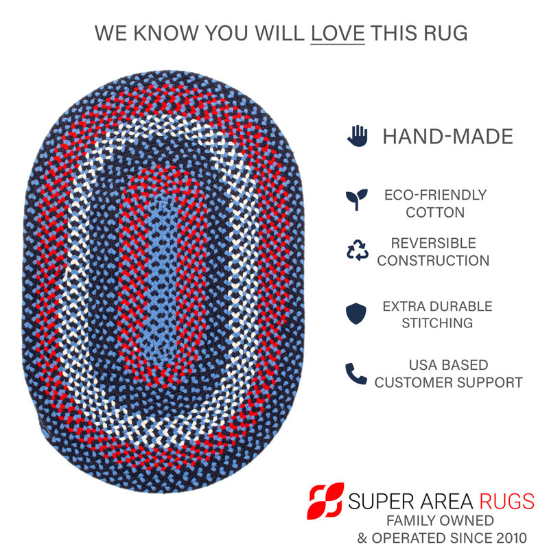 Farmhouse Braided Cotton Blue / Red Area Rug, Oval 2' x 3'