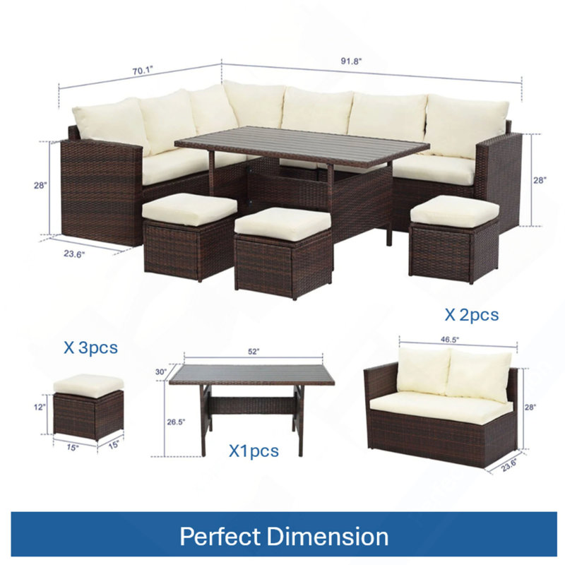 Canapé modulaire d'extérieur en osier 7 pièces 7 pièces avec coussins et table de salle à manger
