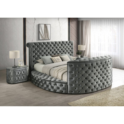 Luxurious Queen Size Bed Nightstand Set Deeply Tufted Headboard Nail Head Trim Upholstery Grey Velvet Footboard Integrated Television Lift Mechanism Built-In Electric Fireplace Storage 3Pc Set