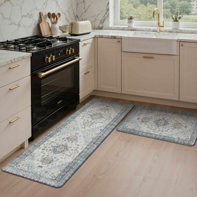Anti-Fatigue Anti-Slip Waterproof Kitchen Mat, Runner 17" x 59" + 17" x 30", Light Blue